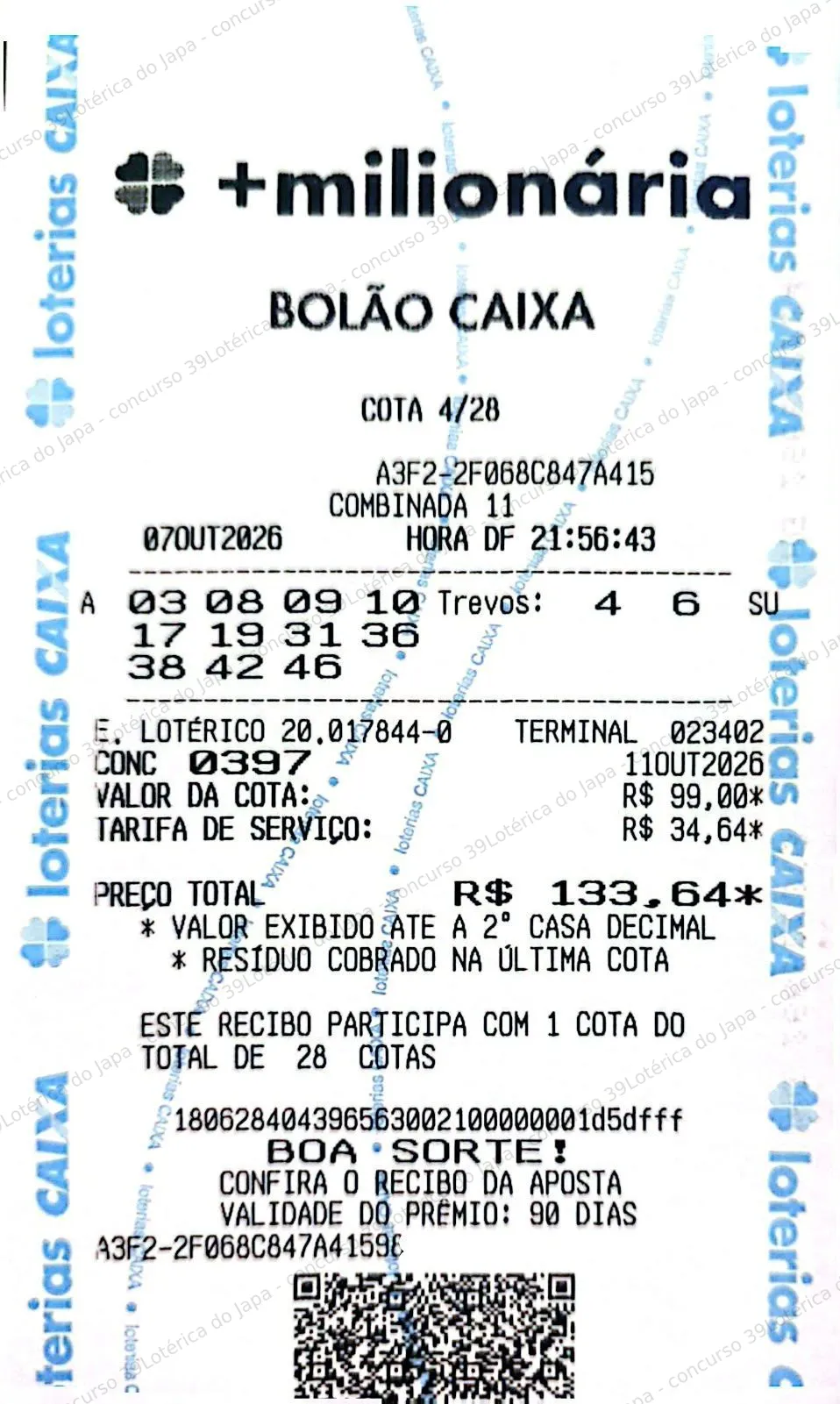 Comprovante da aposta registrado na Lotérica do Japa, com os dados de controle cobertos
