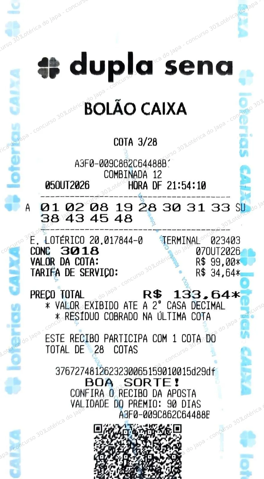 Comprovante da aposta registrado na Lotérica do Japa, com os dados de controle cobertos