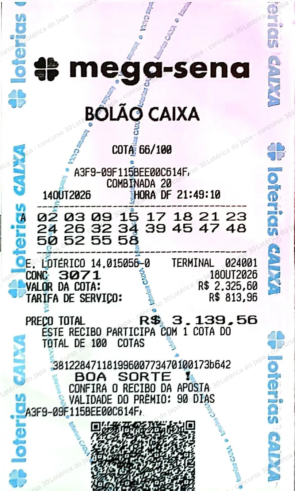Comprovante da aposta registrado na Lotérica do Japa, com os dados de controle cobertos