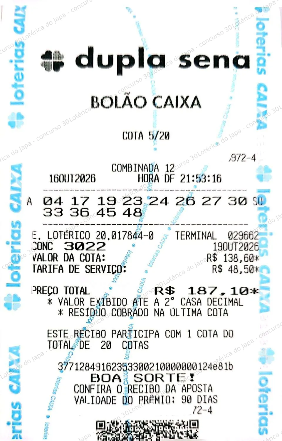 Comprovante da aposta registrado na Lotérica do Japa, com os dados de controle cobertos