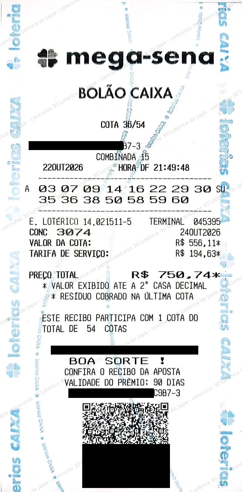 Comprovante da aposta registrado na Lotérica do Japa, com os dados de controle cobertos