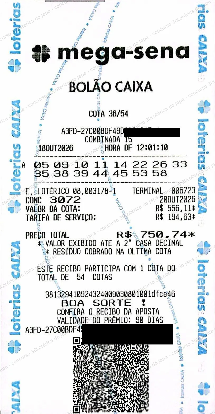 Comprovante da aposta registrado na Lotérica do Japa, com os dados de controle cobertos