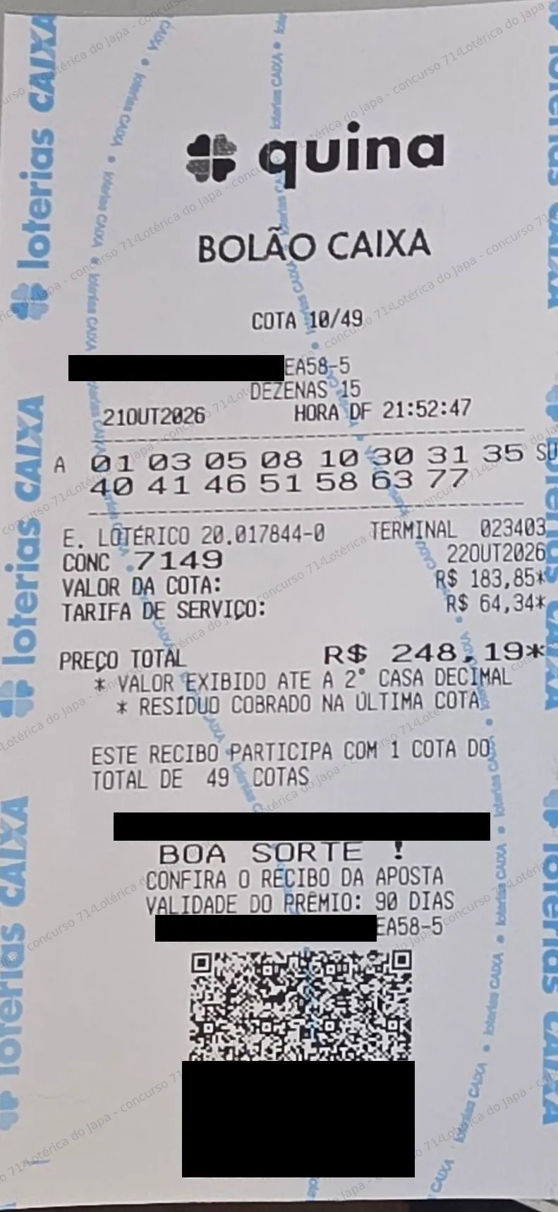Comprovante da aposta registrado na Lotérica do Japa, com os dados de controle cobertos