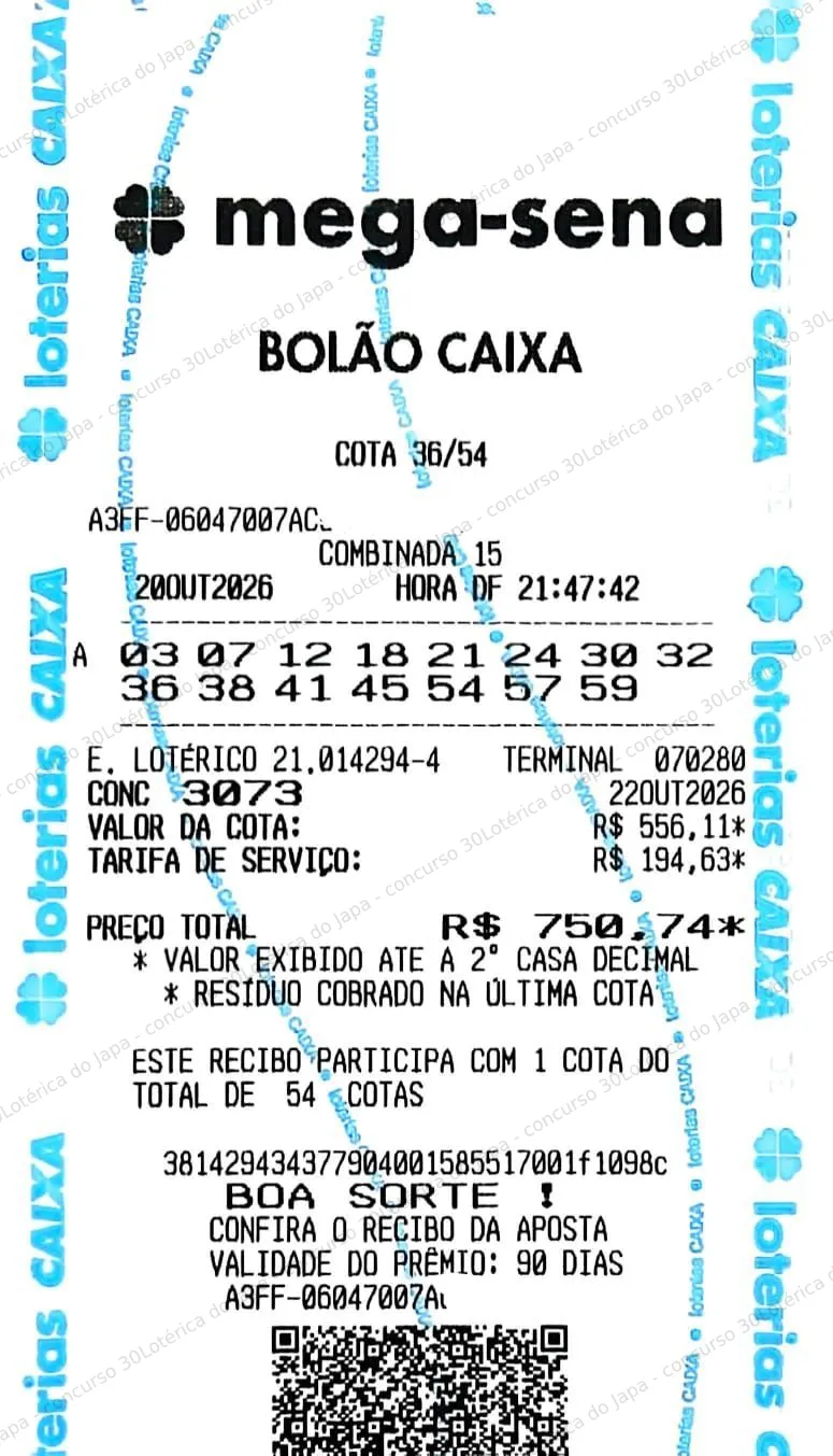 Comprovante da aposta registrado na Lotérica do Japa, com os dados de controle cobertos