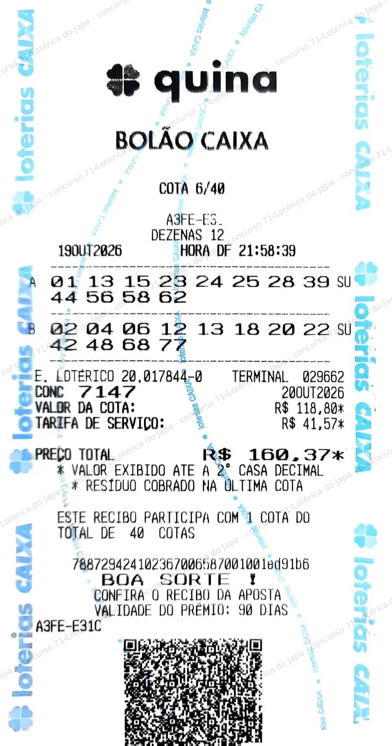 Comprovante da aposta registrado na Lotérica do Japa, com os dados de controle cobertos