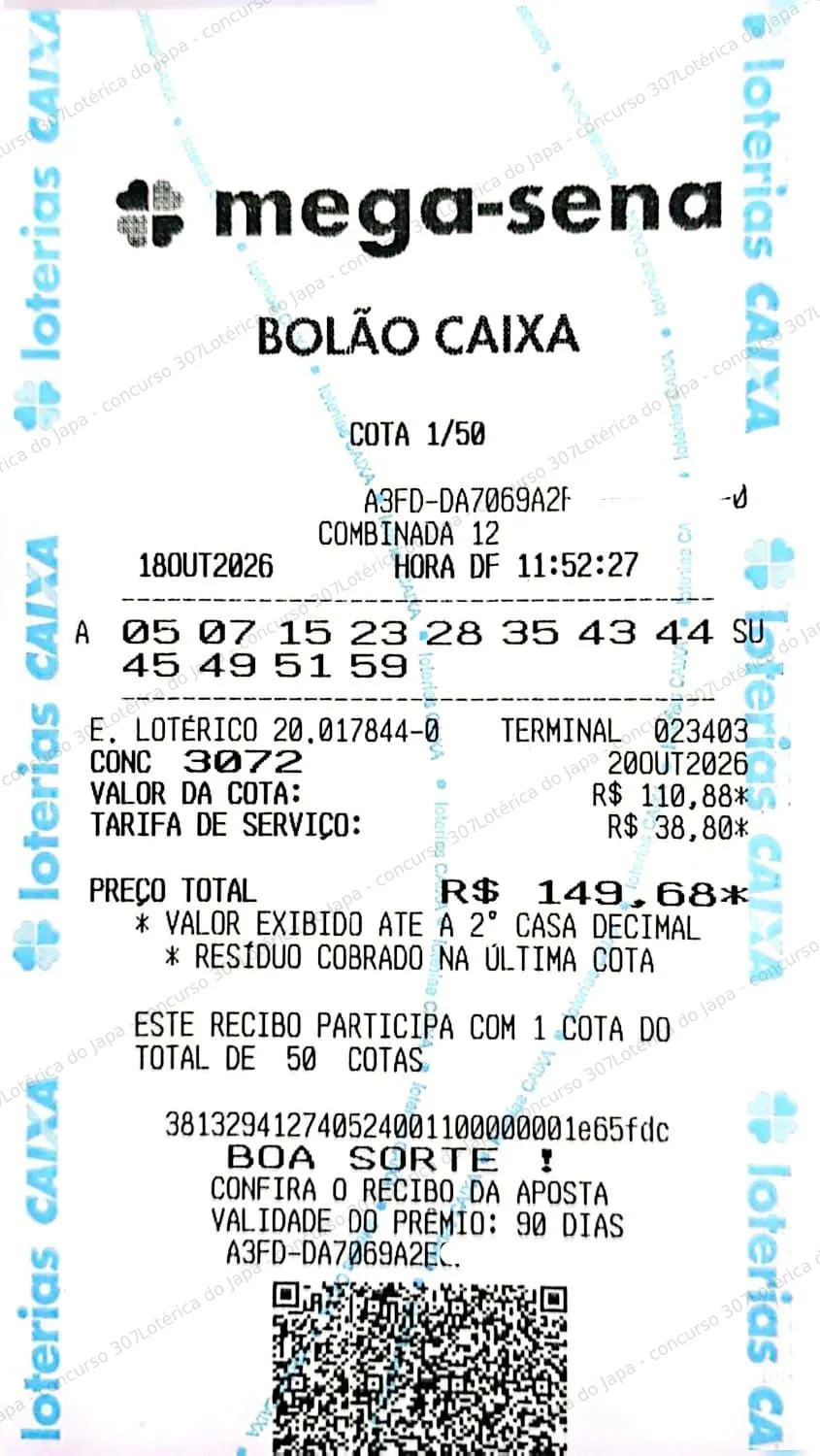 Comprovante da aposta registrado na Lotérica do Japa, com os dados de controle cobertos