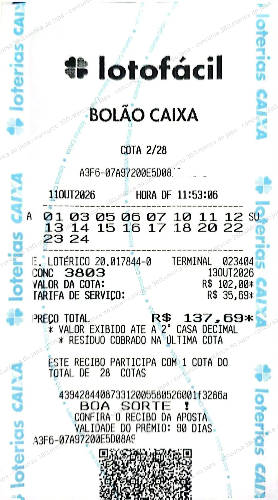 Comprovante da aposta registrado na Lotérica do Japa, com os dados de controle cobertos