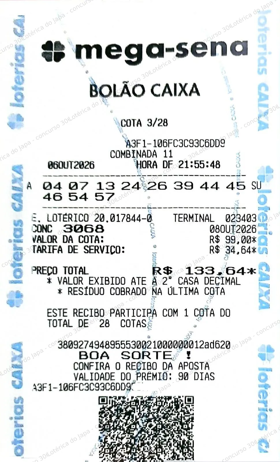 Comprovante da aposta registrado na Lotérica do Japa, com os dados de controle cobertos