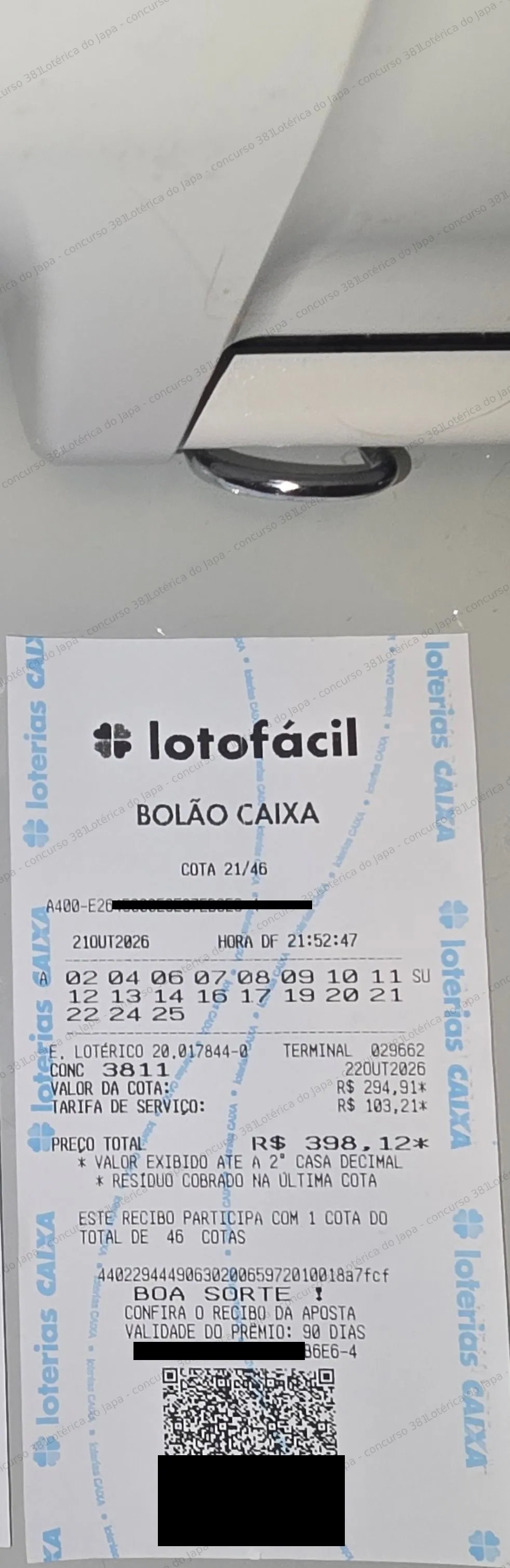 Comprovante da aposta registrado na Lotérica do Japa, com os dados de controle cobertos