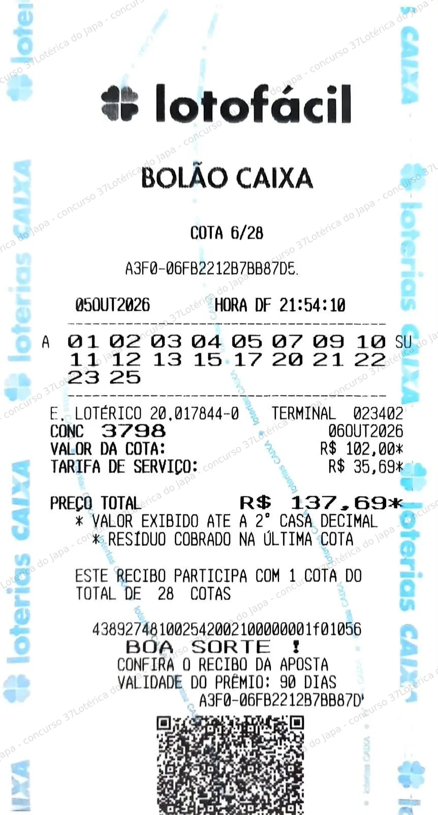 Comprovante da aposta registrado na Lotérica do Japa, com os dados de controle cobertos