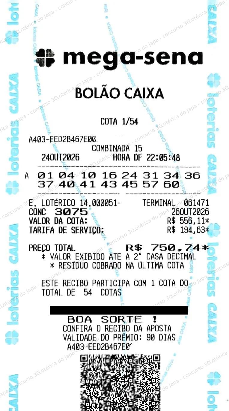 Comprovante da aposta registrado na Lotérica do Japa, com os dados de controle cobertos